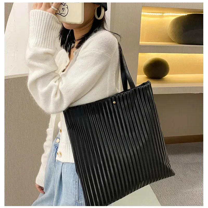 Women Bag PU Handbags for Female Shoulder Bags Large Capacity Tote Bas Solid Color Striped Travel Bags Ladies Shopper Bag