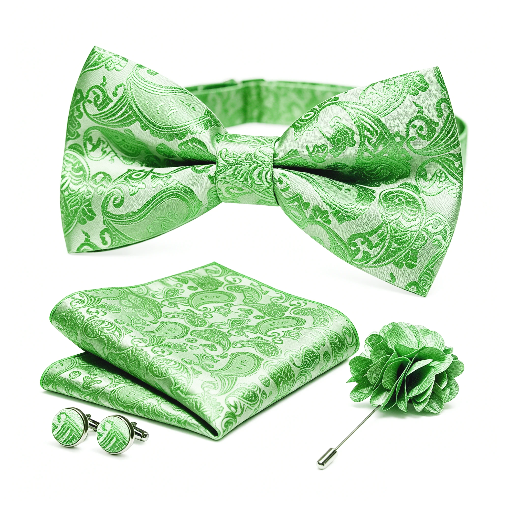 36-teiliges Set: Schwarze Seiden-Jacquard-Paisley Herrenfliege, Brosche, Einstecktuch und Manschettenknöpfe – Vorgebundene Schmetterlingsfliege für Herren, Hochzeit und Business – Detail 20