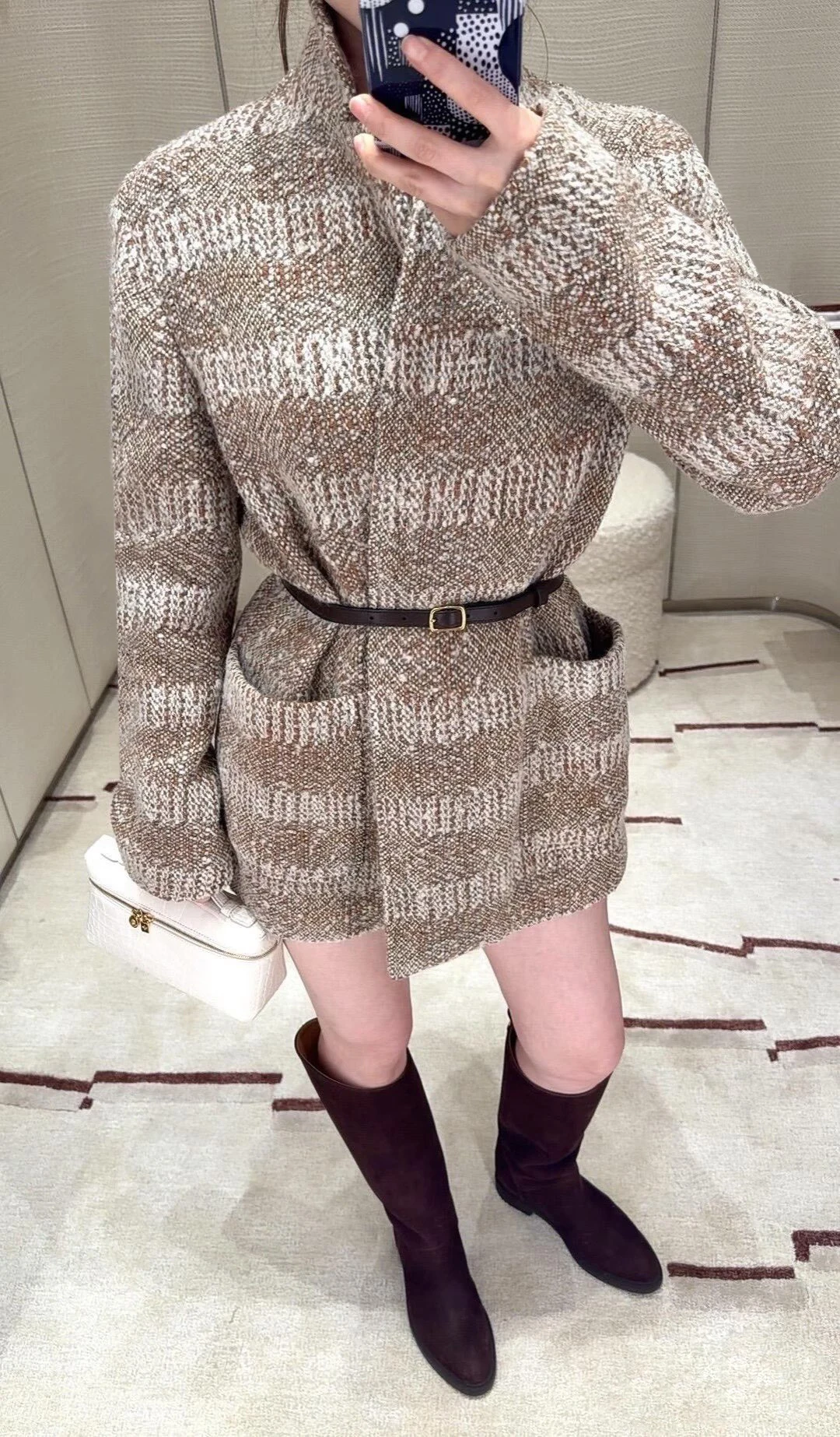 

2025 New Arrival Women's Old Money Style Tweed Jacket Fashion Genuine Leather Belt Khaki Wool Coat