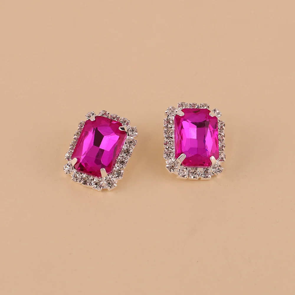 TREAZY Fashion Hot Pink Crystal Clip Earrings For Women Jewelry Charm Geometric Shape Bridal Earrings Wedding Prom Jewelry Gifts