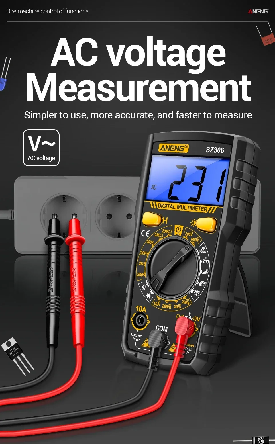 Intelligentes Digitalmultimeter ANENG SZ306 Professionelles AC/DC-Spannungsmessgerät DC-Strom Widerstand Diode 20M Ohm Multimeter-Testgerät – Detail 3