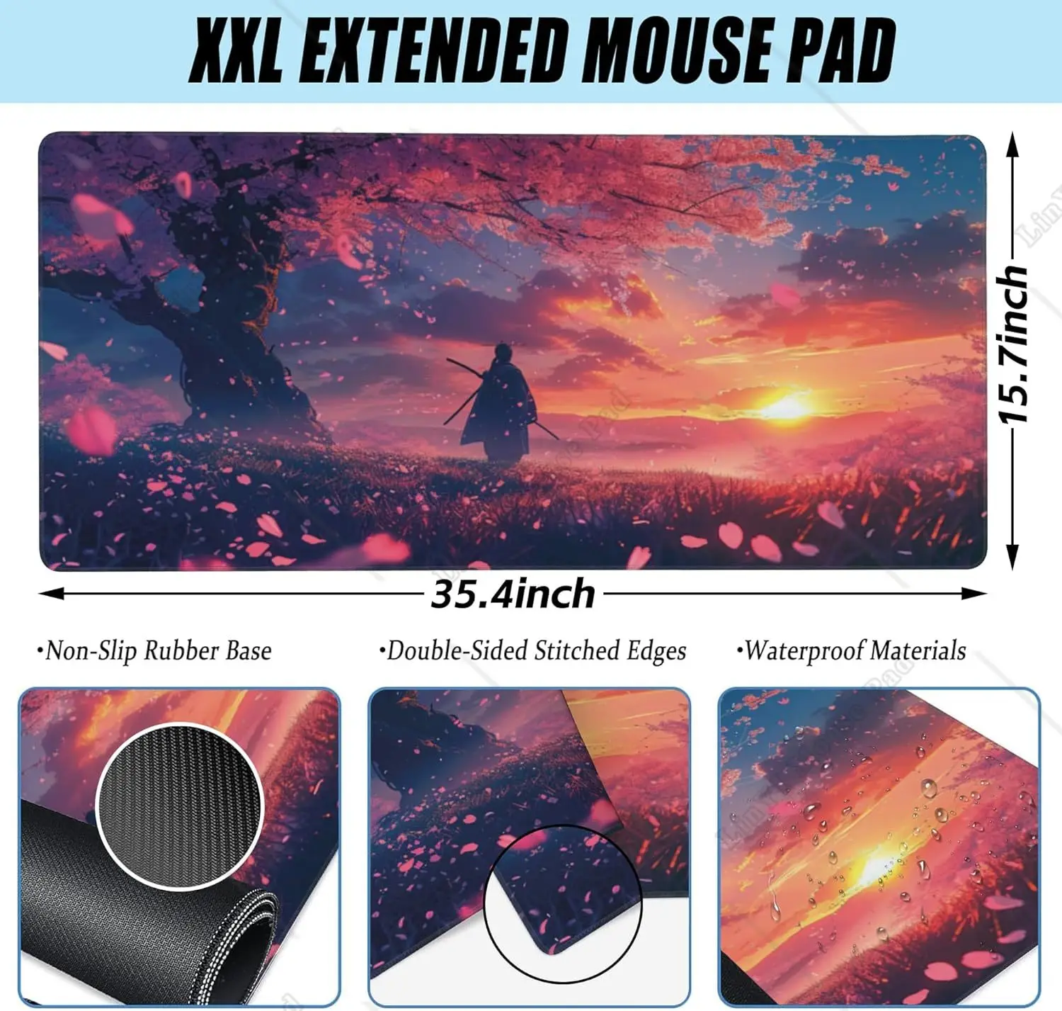 Samurai and Cherry Blossoms Large Large Gaming Mouse Pad  with Non-Slip Rubber Base Stitched Edges for Home Office 35.4X15.7 In