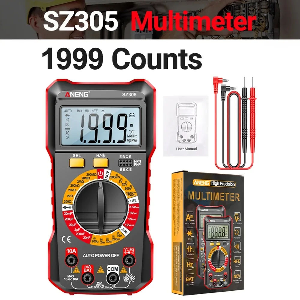 SZ304 SZ305 Multifunction Digital Multimeter 1999 Counts Voltage Current Resistance Capacitance Frequency Diode Tester True RMS