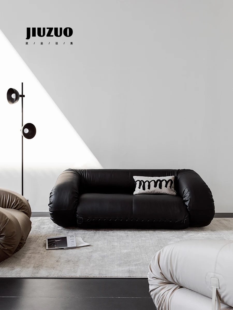 Black and white floor lazy triple folding kayak sofa bed leather Nordic retro Internet celebrity