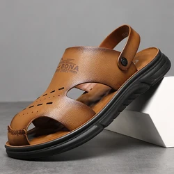 Super fiber leather sandals for men in summer 2024, casual headband for wearing, dad's slippers, latex pad for men's beach hole