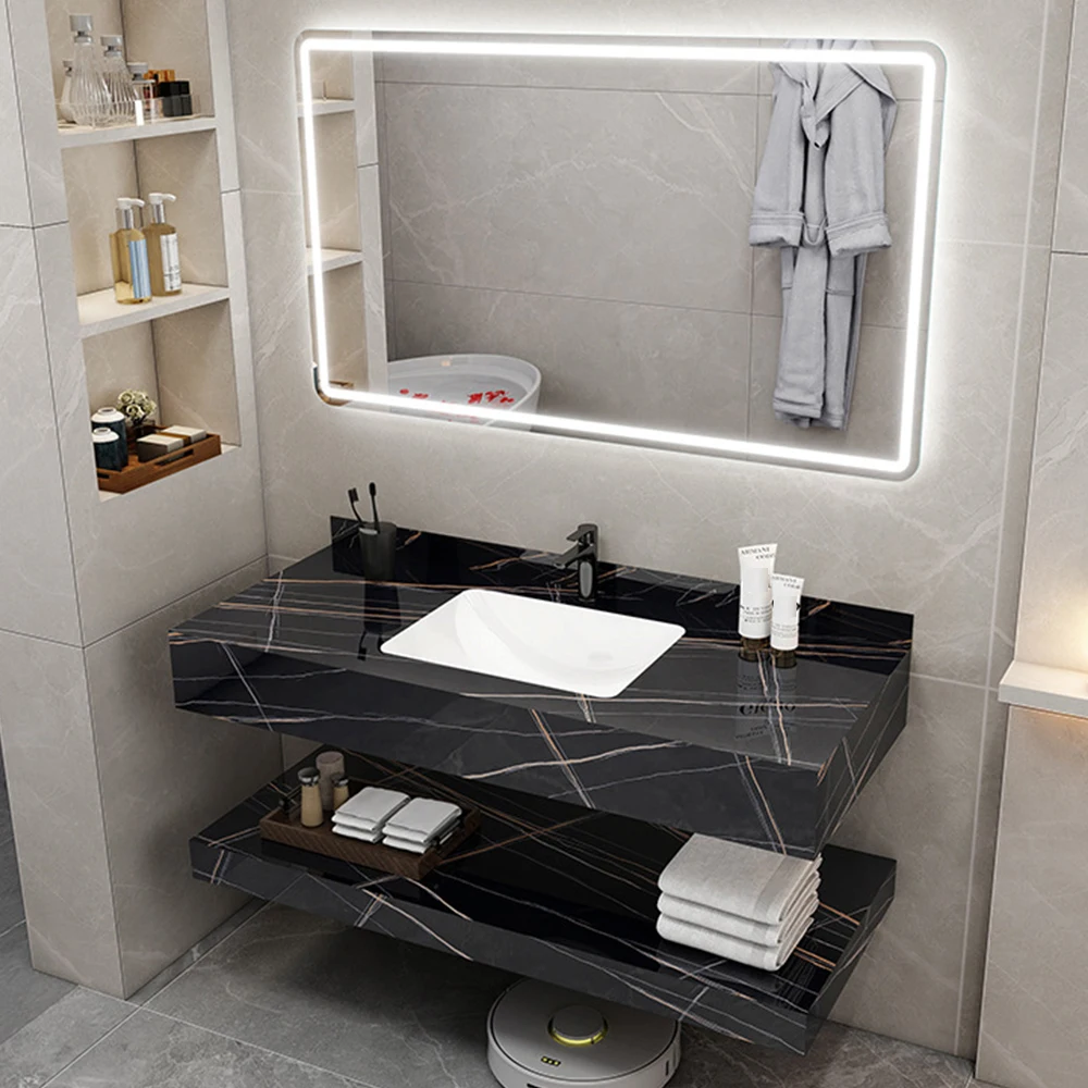 Rock Slate Marble Countertop Sintered Stone Bathroom Cabinet Vanity Sink Wash Basin for Hotel