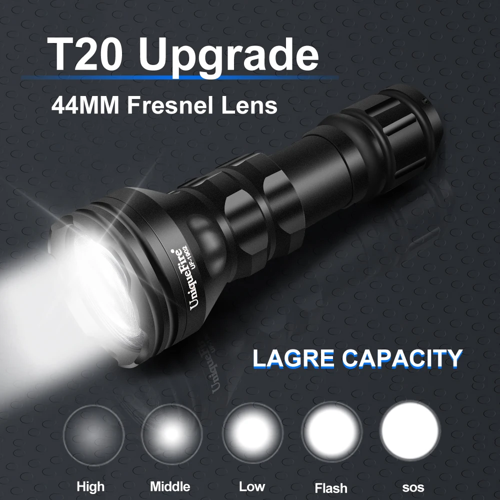 UniqueFire 1903 White Light LED Tactical Flashlight 2500LM Water Resistant Torch 5 Modes Adjustable for Hiking Camping Emergency