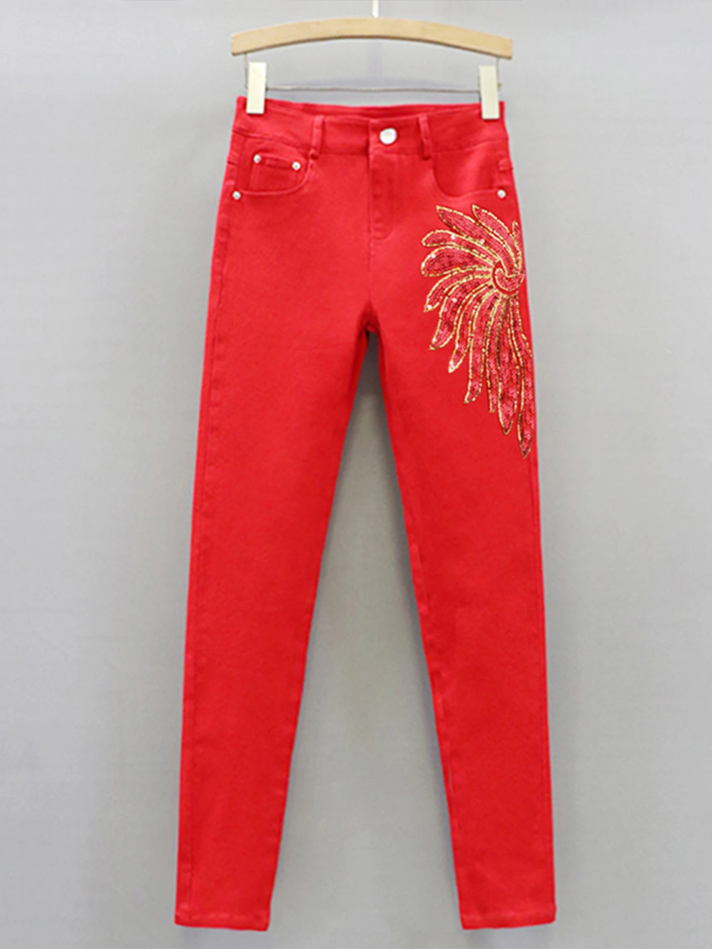 

Women's Embroidered Long Pants Slim Fit Shiny Sequin Pattern Outerwear Pencil Pants Mid-Waist Natural Cotton Spring Season