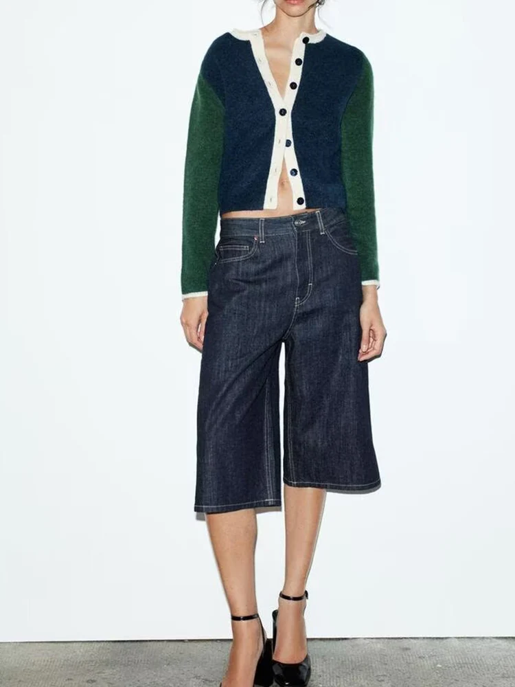 

Осенний новый женский модный ленивый контрастный цветной вязаный кардиган с круглым вырезом и длинными рукавами в европейском и американском стиле