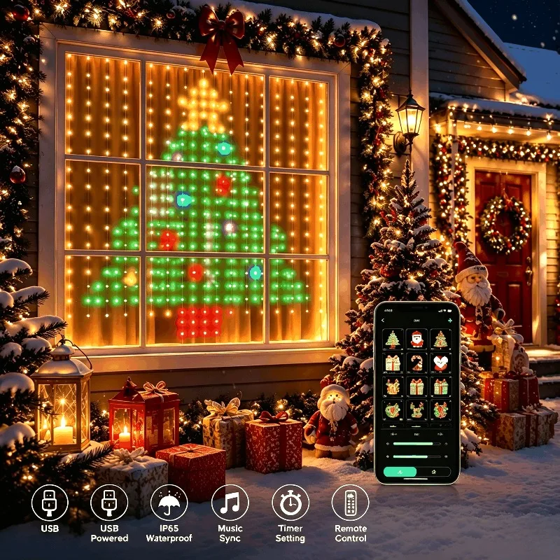 RGB LED Curtain Lights Smart Pixel String USB APP Control DIY Display for Window Christmas Party Decoration