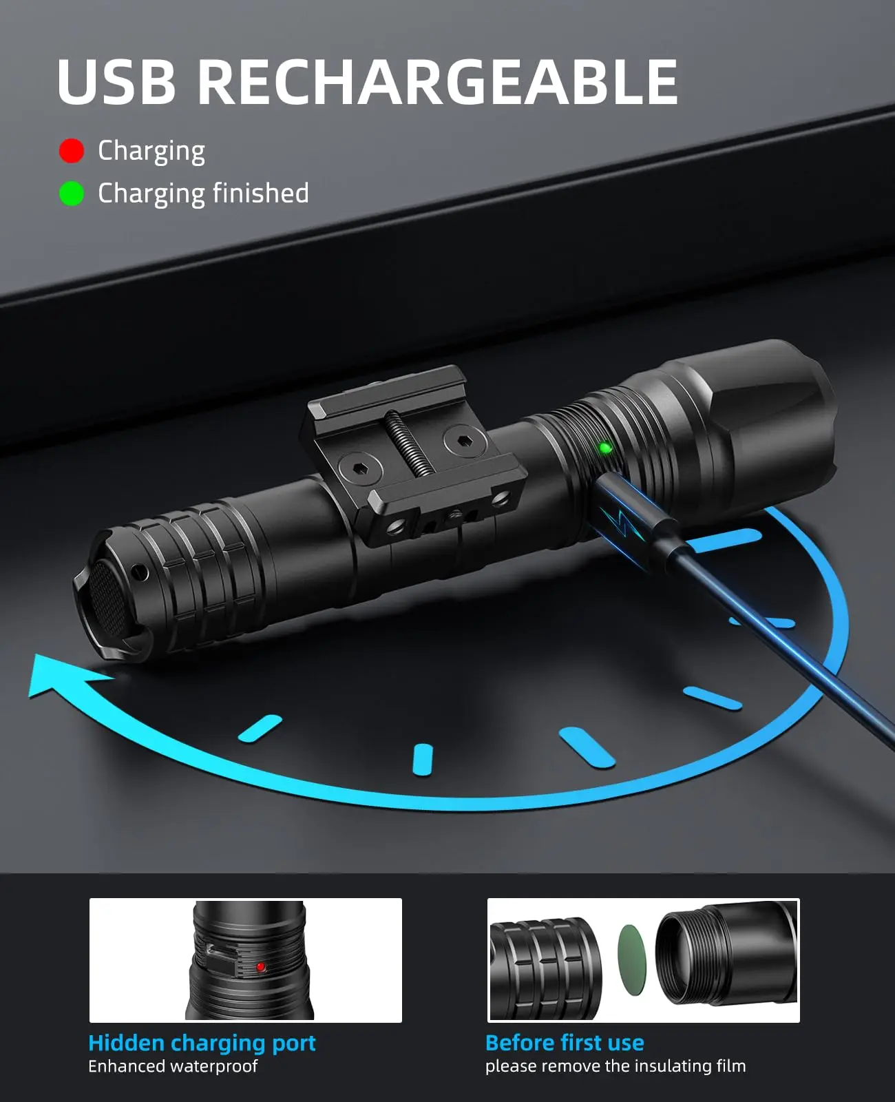 EZshoot 1800 lumen tactische zaklamp geweerlicht compatibel met Picatinny Rail IPX7 oplaadbaar met externe drukschakelaar