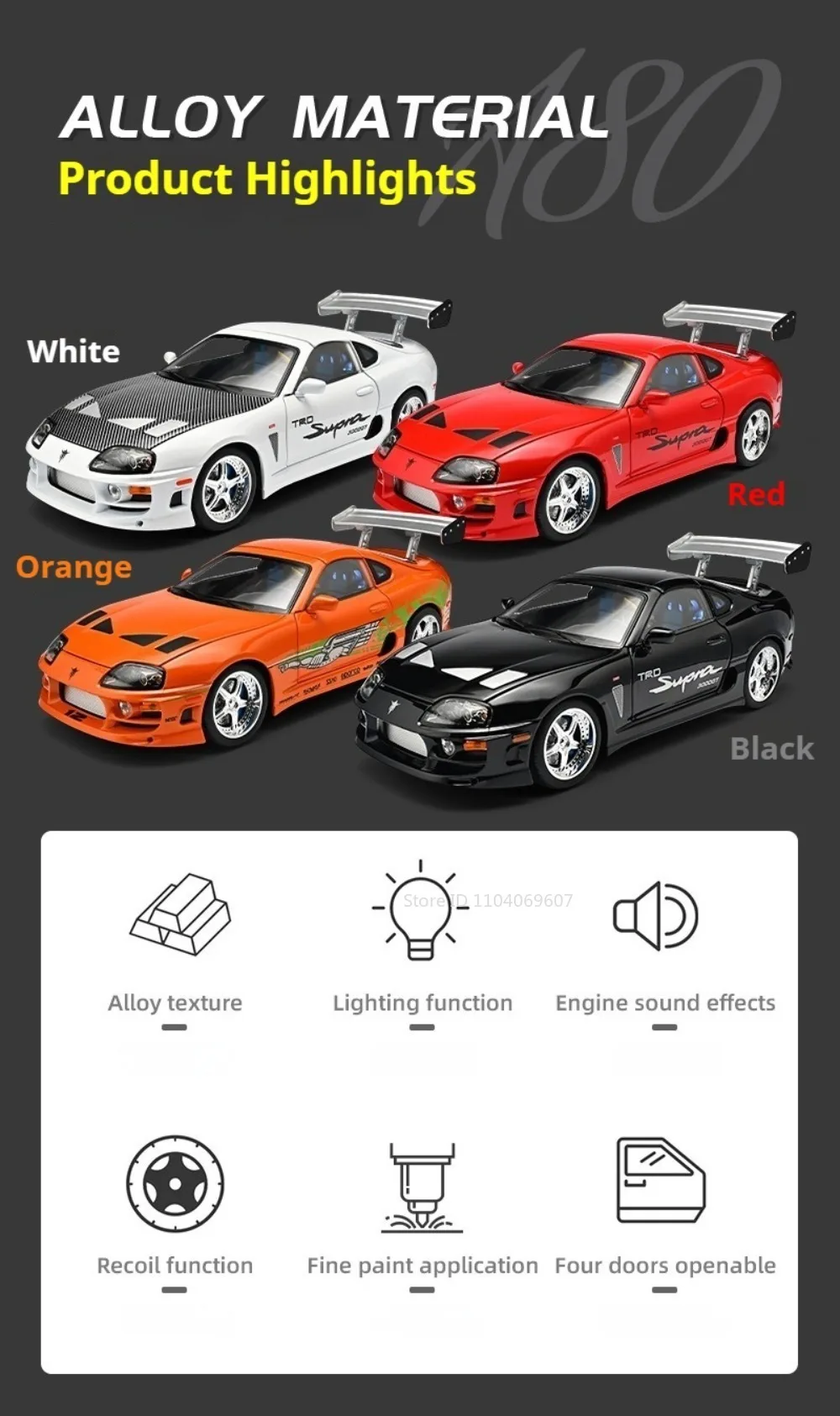 1:24 Scale Supra A80 911 GT3RS Supercar Model Toy Alloy Diecast Shock Absorption Doors Opened Sound Light Collection Sports Cars
