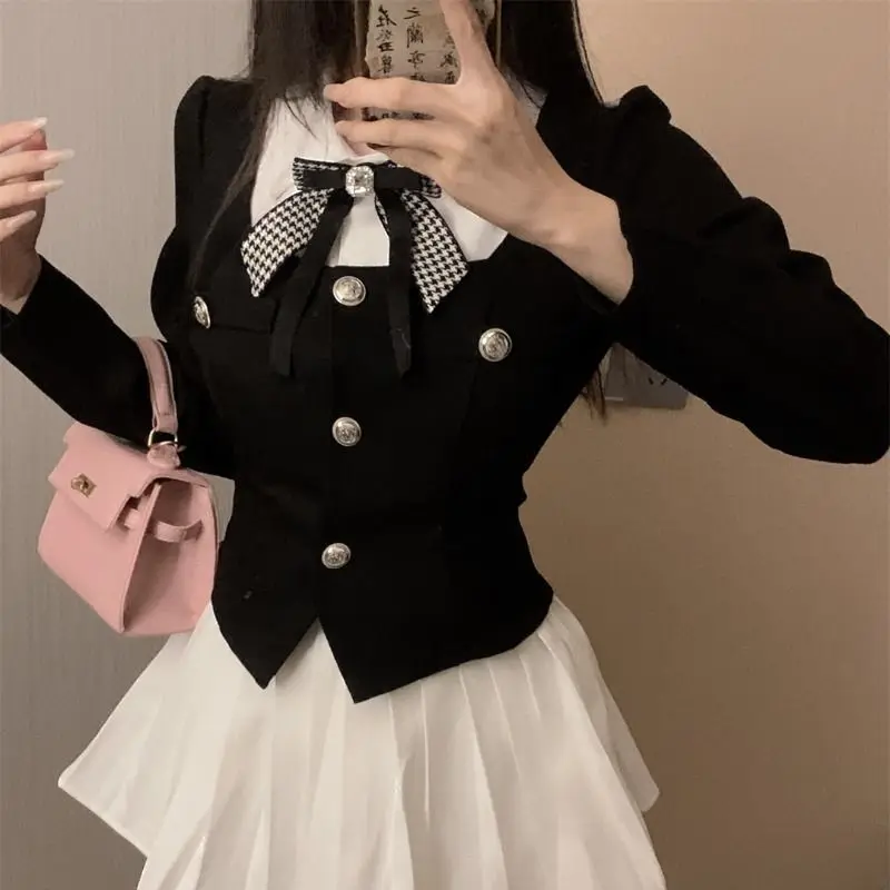 2023 Autumn Elegant 3 Piece Set Casual Black Coats + Short Slim Shirts + Slim Bodycon Mini Shirts Korean Fashion Suit Woman Chic