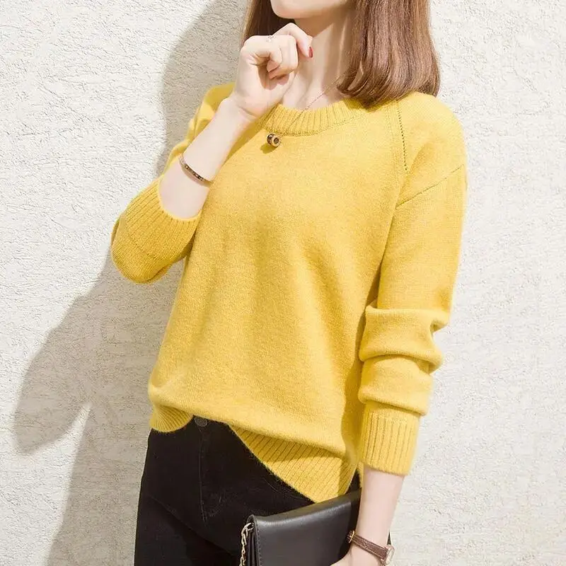 

New Style Autumn and Winter Women's Solid O-Neck Long Sleeves Loose Classic Pullovers Asymmetric Fashion Casual Commute Tops