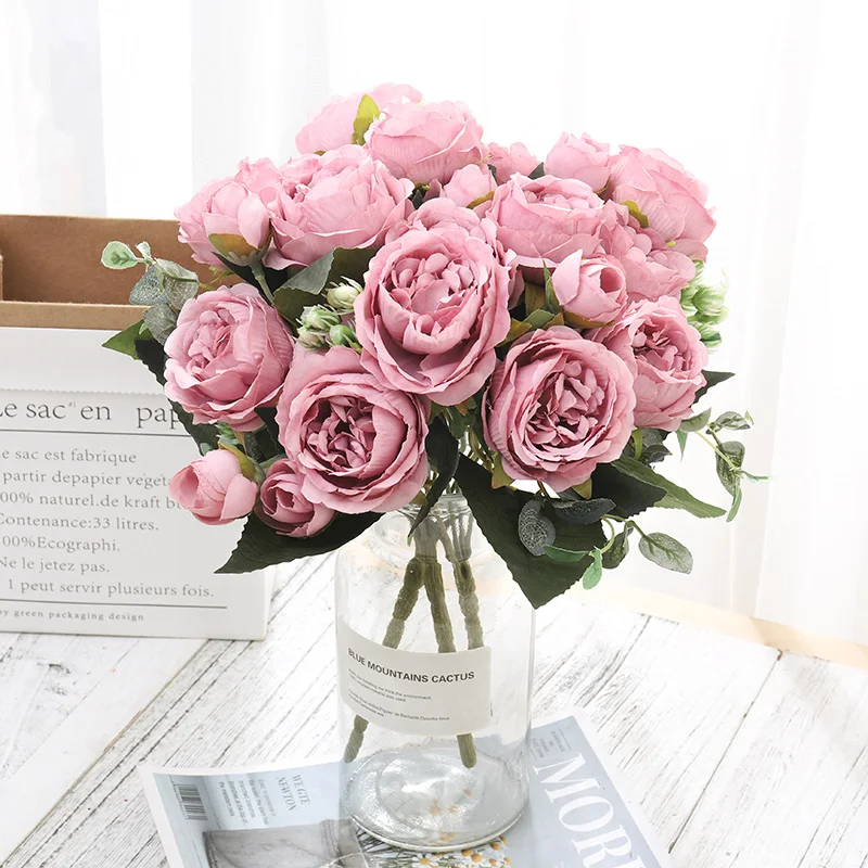 DociDaci Artificial Flowers Silk Pink Peony Bouquets Roses Fake Plants For DIY Living Room Home Garden Wedding Gift Decoration