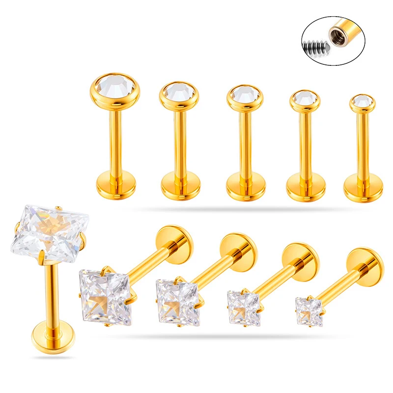 2PC G23 Titanium 16G Geometry CZ Earrings Internally Threaded Labret Stud Cartilage Tragus Helix Nose Stud Body Piercing Jewelry
