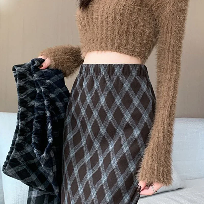 Women Plaid Skirt High Waisted Elastic A Line Midi Length Skirts for Woman Korean Style Fashion Retro Versatile Slit Long Skirts
