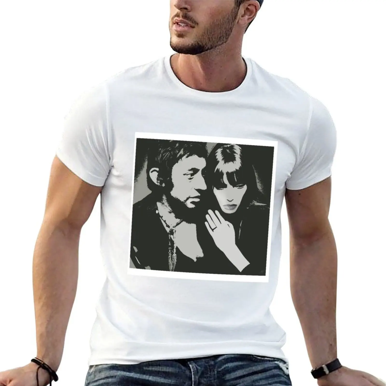 Camiseta con retrato en blanco y negro de Serge Gainsbourg_amp_ Jane Birkin, camisetas para hombre, camiseta suave de algodón