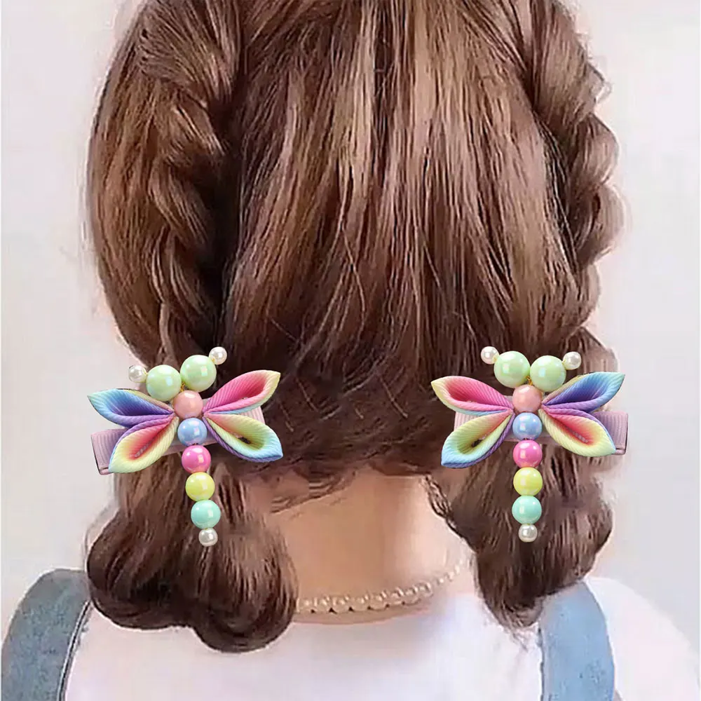 2Pcs Sweet Pearl Baby Hairpins Hair Lace Ornament Headwear Exquisite Gradient Dragonfly Hair Clips For Girls Hair Accessories