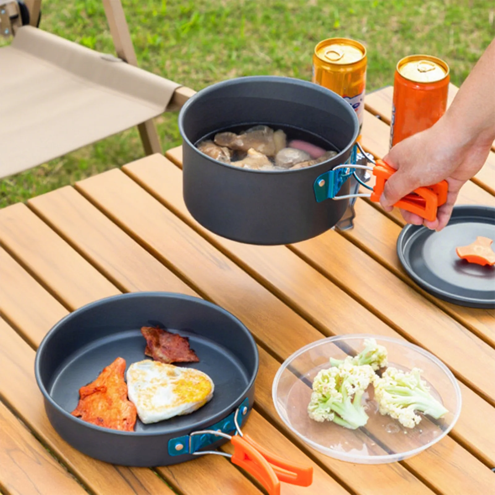 

Портативный набор посуды для кемпинга, чайник для кипячения воды на открытом воздухе, походы, пикник, кемпинг, кухонное снаряжение с набором чайника