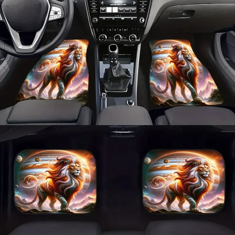 4pcs Flame Lion Pattern Car Floor Mats Set - Crystal Velvet Anti-Slip, Easy To Clean, Keeps Interior Tidy, Ideal Gift For Car En