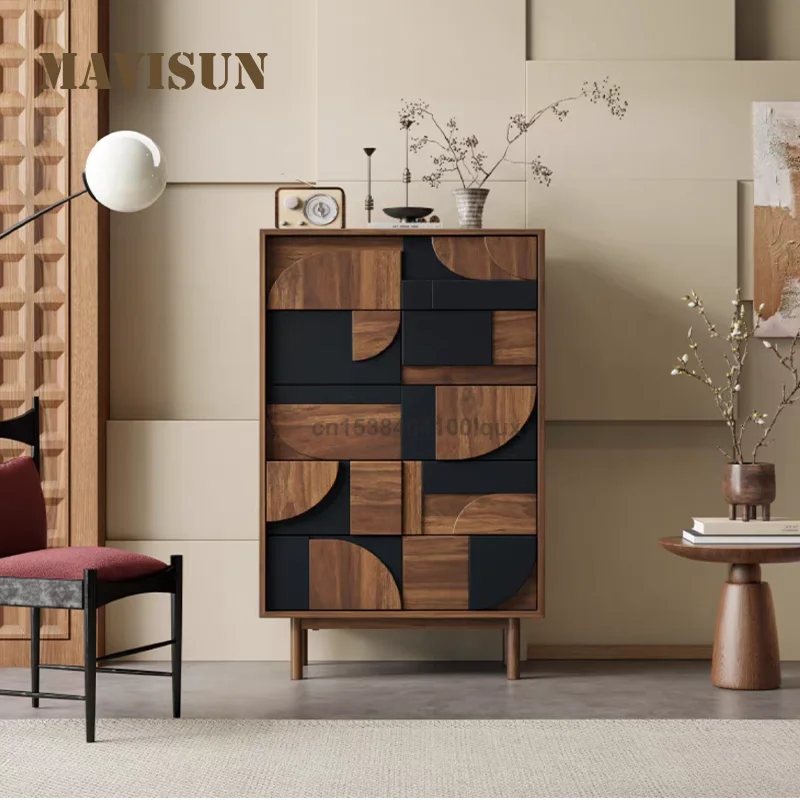 

Сервант середины века в современном стиле, 120 см, деревянная мебель для гостиной, 5 ящиков и деревянный сервант с геометрическим узором