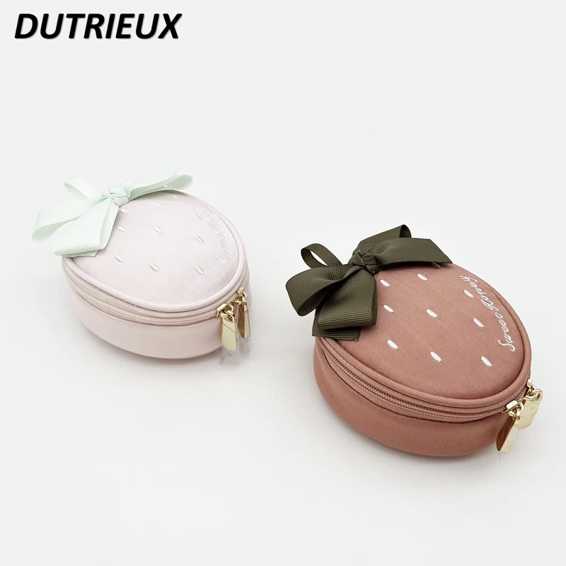 Joyero de estilo fresa dulce para mujer, bolsa de cosméticos colgante con lazo grande, tela portátil de viaje, a la moda