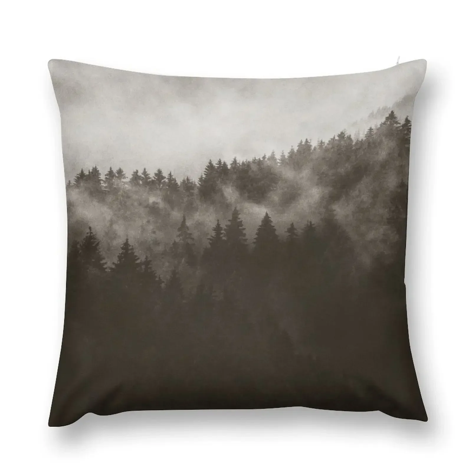 Excuse Me, I'm Lost // Misty Retro Fall Wilderness Fairytale Forest With Cascadia Trees Covered In Dark Sepia Magic Throw Pillow