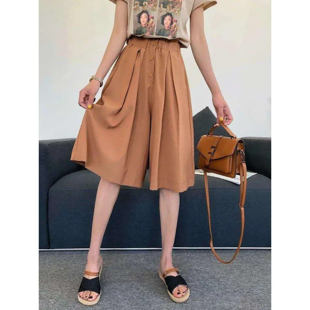 

Korean Fashion Summer Shorts Wide Leg Pants Large Size Solid Color Elastic Waist Button Pockets Loose Casual Short Pants New