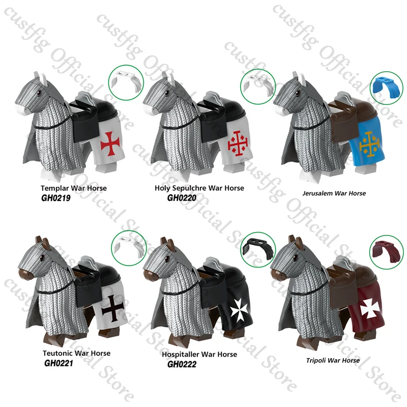 MOC – figurines d'action de cavalerie militaire médiévale, blocs de construction d'animaux de cheval de guerre, chevalier de Rome, guerrier, armes, briques, jouet pour enfants, cadeaux