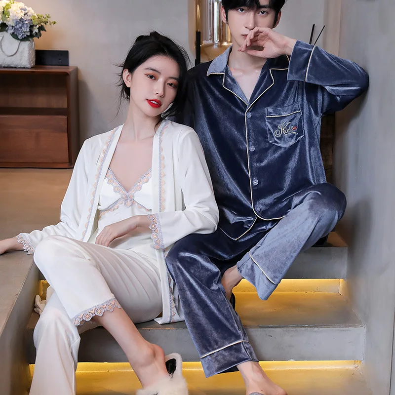 Couple Velvet Pajamas Suit Lovers Sleepwear Men 2Pcs Nightwear Autumn Women Velour Robe Sling Pants 3Pcs Home Wear