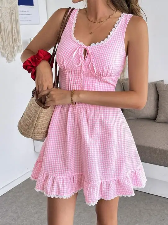 

Summer New Fresh and Sweet Girl's Style Lace Edge Design Round Neck Checkered Print Waist Sleeveless Women's Vacation Dress