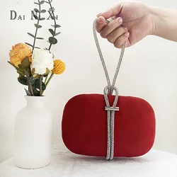 Luxury Women Fashionable Red Velvet Tote Bags Crystal Handle Suded Box Evening Wedding Diamond Handbags Female