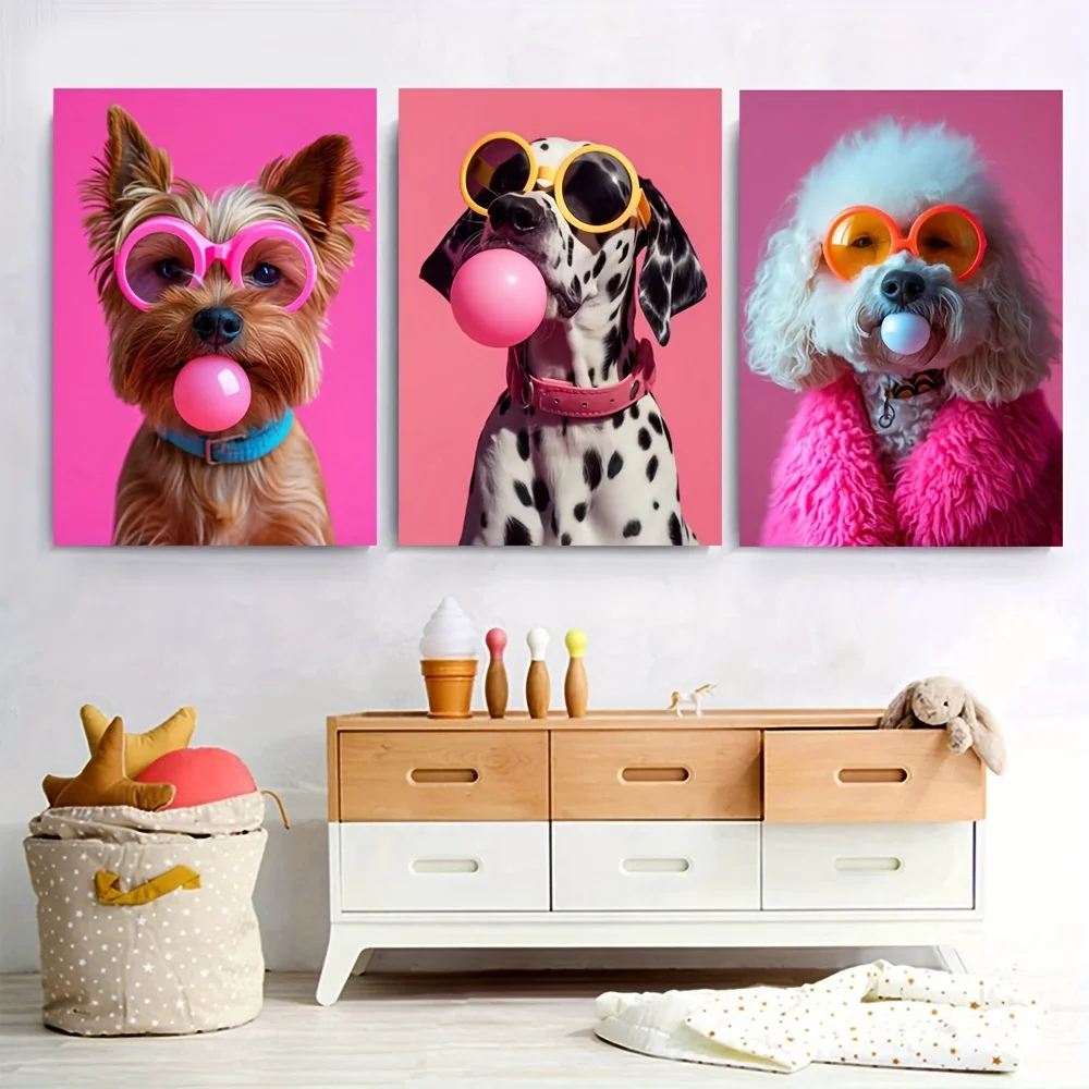 （Noframe 3PCS)-2D Flat, 2D Flat, 3pcs of Dog Colorful Bubble Gum Sunglasses Poster Prints, Cute Animal Wall Art Decor, Suitab