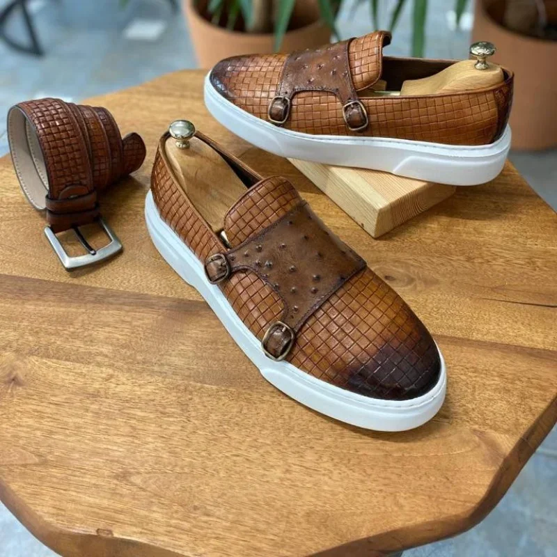 

Brown Men Sports Shoes Casual Vulcanize Shoes Black Woven Double Buckle Monk Shoes