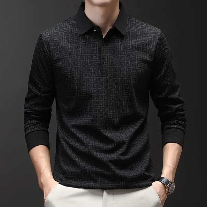 

Business England Style Autumn Print Polo Shirts Lucky Cloud Long Sleeve Breathable Polo Neck Wlde-waisted Luxury Tops JJ226