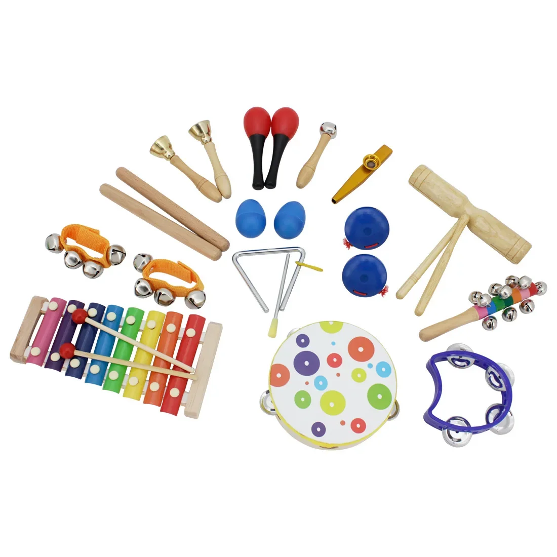 Strumenti musicali in legno giocattoli xilofono armonica Macaras sonaglio flauto tamburo Castanets Kazoo bambini primi giocattoli educativi