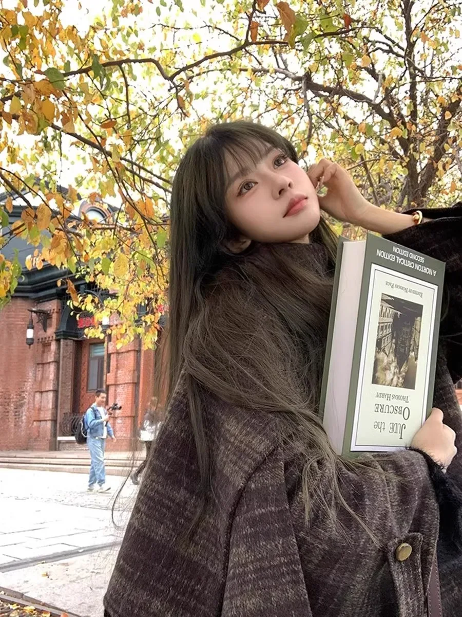 

Зимнее шерстяное пальто в клетку, женское свободное плащ Thiened eep Camere, драпировка, корейская версия, длина, на пуговицах