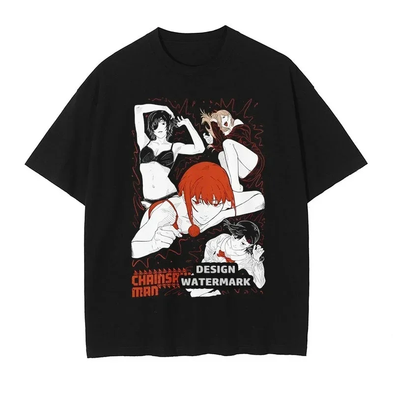 Adult Kids Chainsaw Man Female Protagonists Group Print T-shirt Denji Chainsaw Form Ukiyo-e Style Cotton Short Sleeve Tops