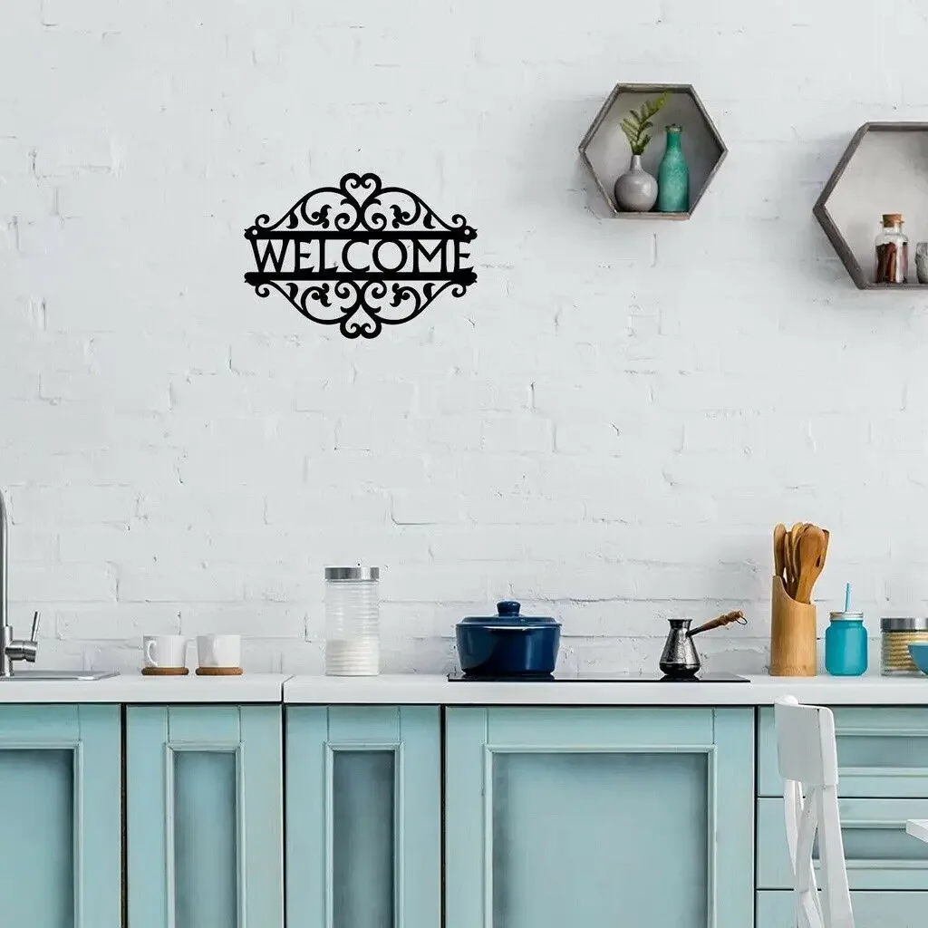 Decorative Curling Vine Metal Art Welcome Sign Metal Ornaments Wall Stickers Home Indoor And Outdoor Decoration, Room Decor
