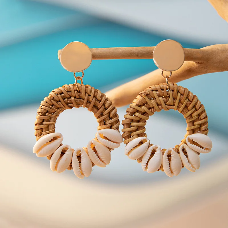 High End Beach Woven Rattan Earrings For Women In Spring And Summer, Niche Lafite Grass Woven Earrings, Temperament Earrings