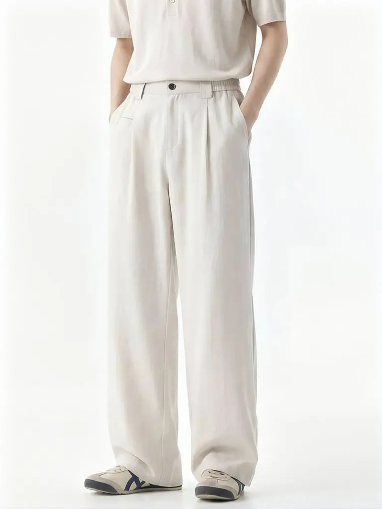 Old Money Casual Linen Suit Trousers Men Straight Fit Lyocell Tencel Dress Pants Work Wear White Flared Cargo Pants Wide leg