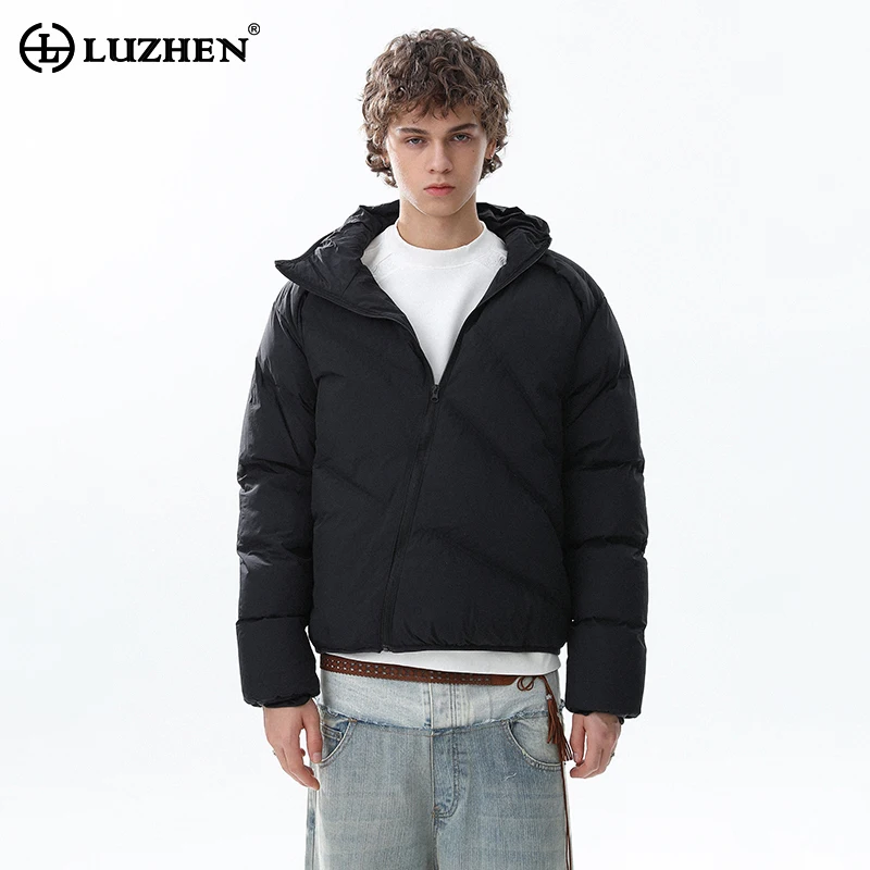 LUZHEN 2025 شتاء جديد الموضة المتخصصة تصميم مائل سستة مقنعين معطف مبطّن الرجال وسيم بلون الخبز سترة سترة JY4946