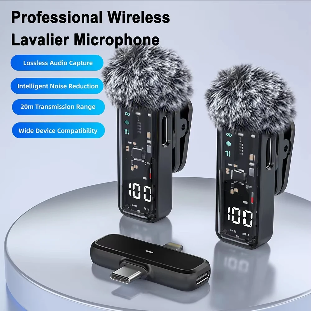 Wireless Lavalier Microphone 1 to 2 / 1 to 4 Dual Interface Lapel Mic Noise Canceling Plug and Play for Live Stream Vlog Video