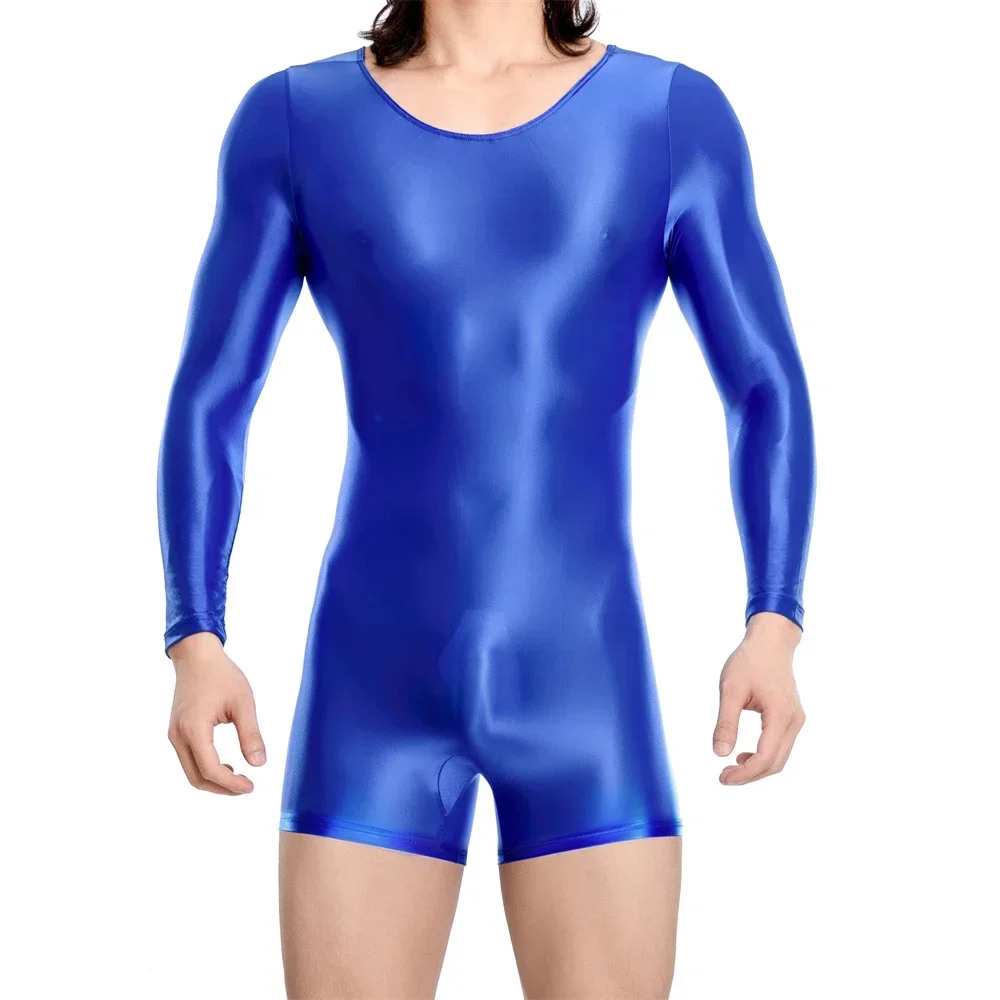 

Men Oil Glossy Shiny High Elastic Leotard Long Sleeve One-pieces Boxers Shorts Jumpsuits Solid Color Wrestling Singlet Bodysuits