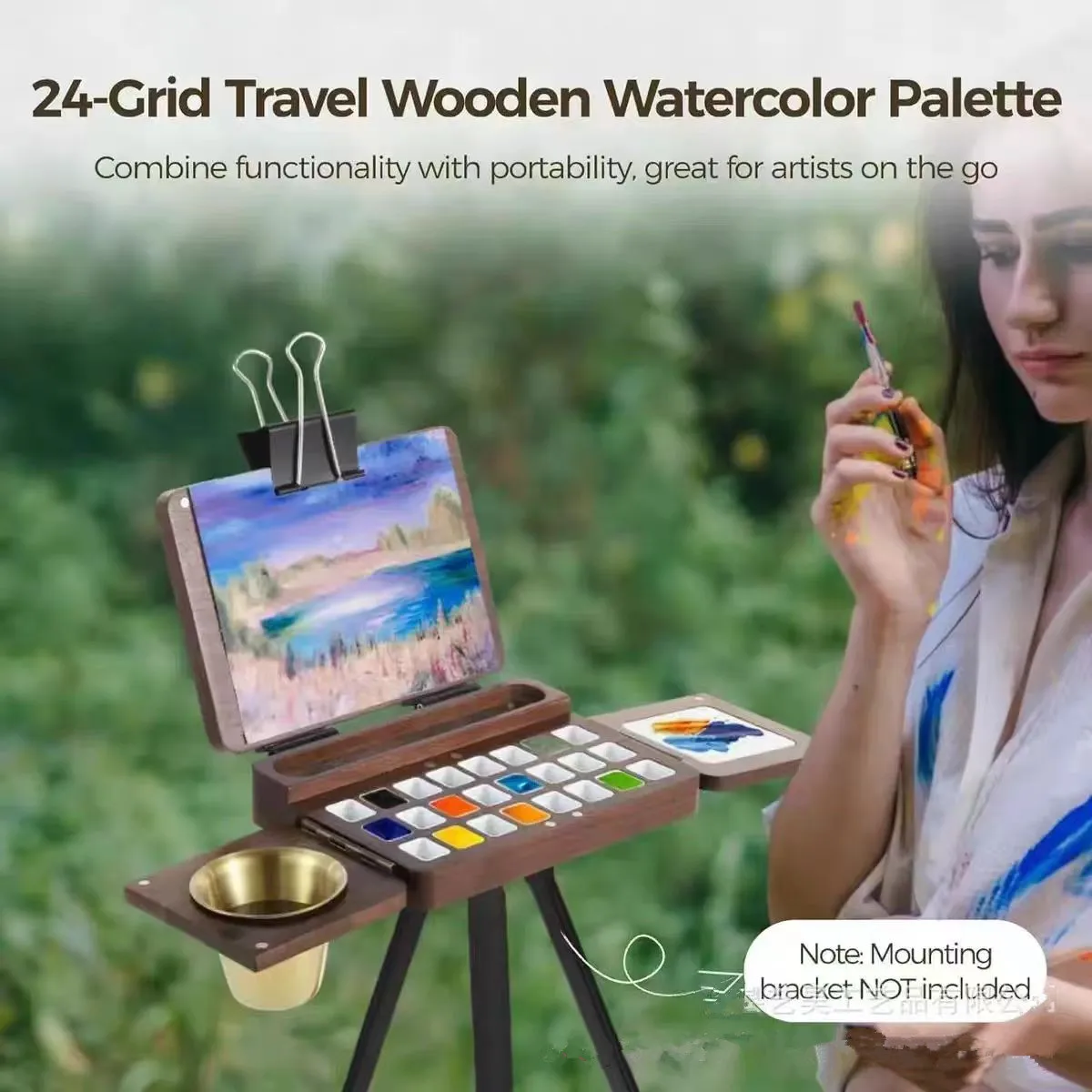 Artist Wooden Palette Box 24 Slots, Portable Watercolor Case, Vintage Wood Paint Storage for Travel Sketching(Non-Toxic Finish