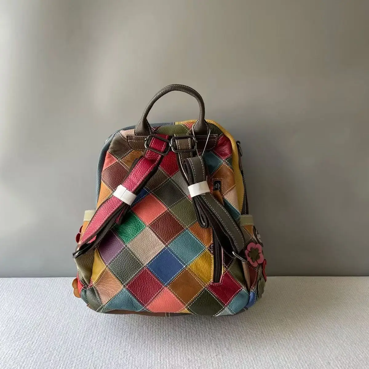 Multi-color Floral Genuine Leather Backpack Women Handmade Flower Decor Travel Shoulder Bag with Top Handle