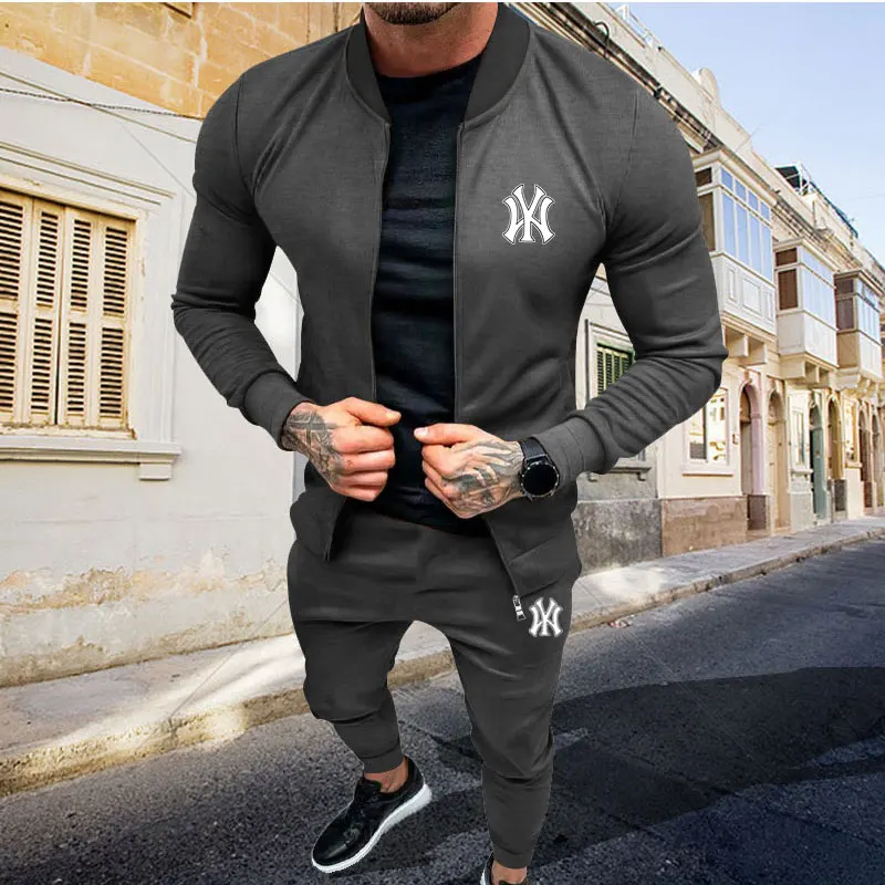 

Men's New Spring And Autumn Leisure Sports Suit Large Size Fashion Printed Men's Clothing Street Collar Zipper Jacket+Trousers