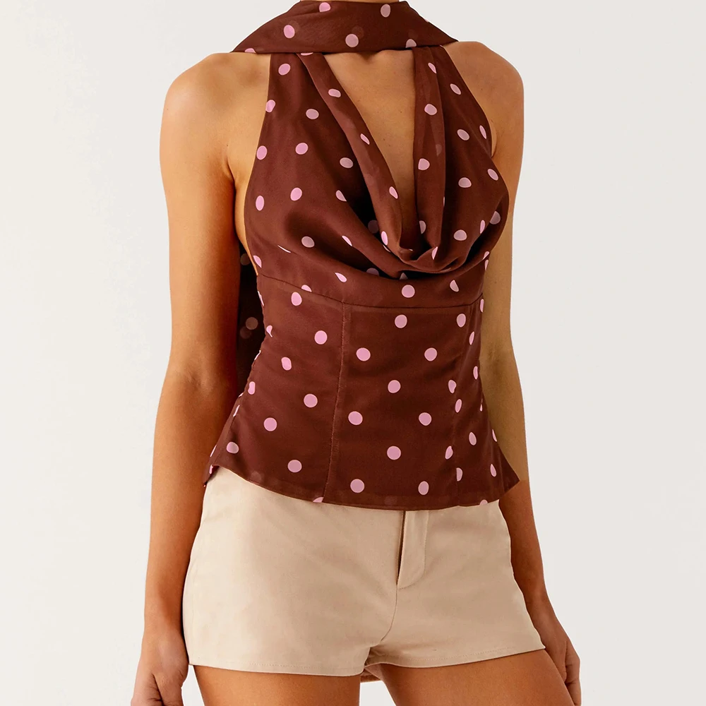 セクシーな水玉模様のプリントベスト、女性用、y2kヴィンテージ、バックレス、ホルターネック、vネック、スキニー、ベーシック、シックなタンクトップ、スカーフ付き、ビーチパーティーに