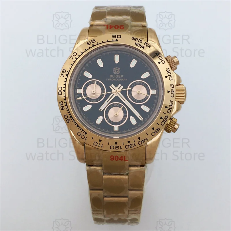 BLIGER jam tangan pria kristal safir 39mm, arloji bisnis kronograf kuarsa emas mawar modis mewah Dial hitam bercahaya gerakan VK63